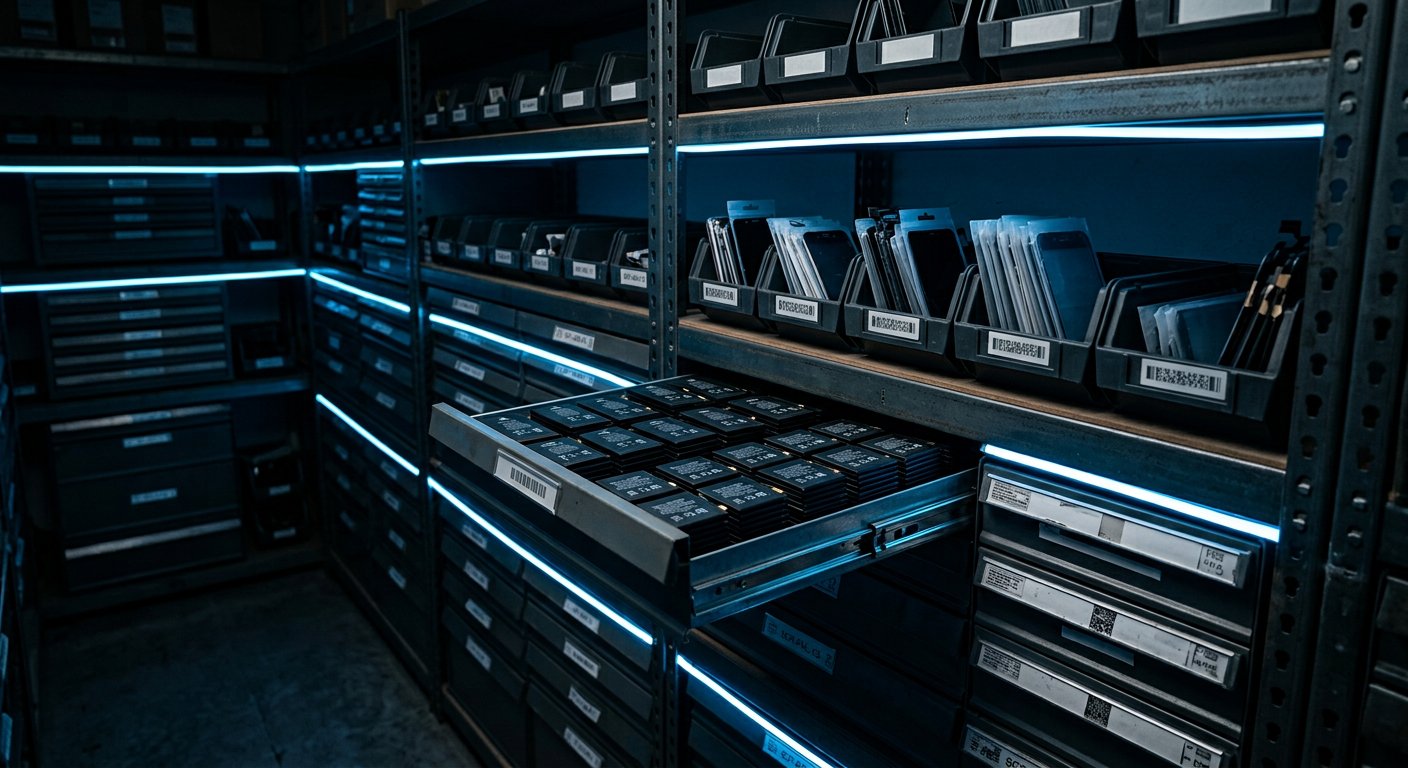 Ersatzteillager mit Schubladen voller Akkus und Displays, blaue LED-Beleuchtung