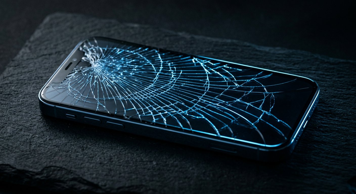 Smartphone mit gesprungenem Display auf dunklem Stein, blaues Streiflicht in den Rissen