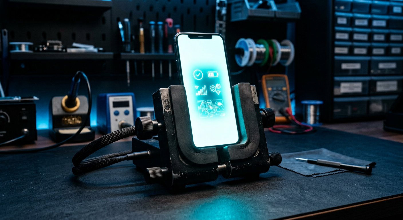 Repariertes Smartphone leuchtet im Prüfständer während des Funktionstests