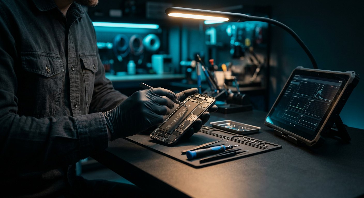 Techniker prüft ein Smartphone unter der Arbeitsleuchte an der Theke