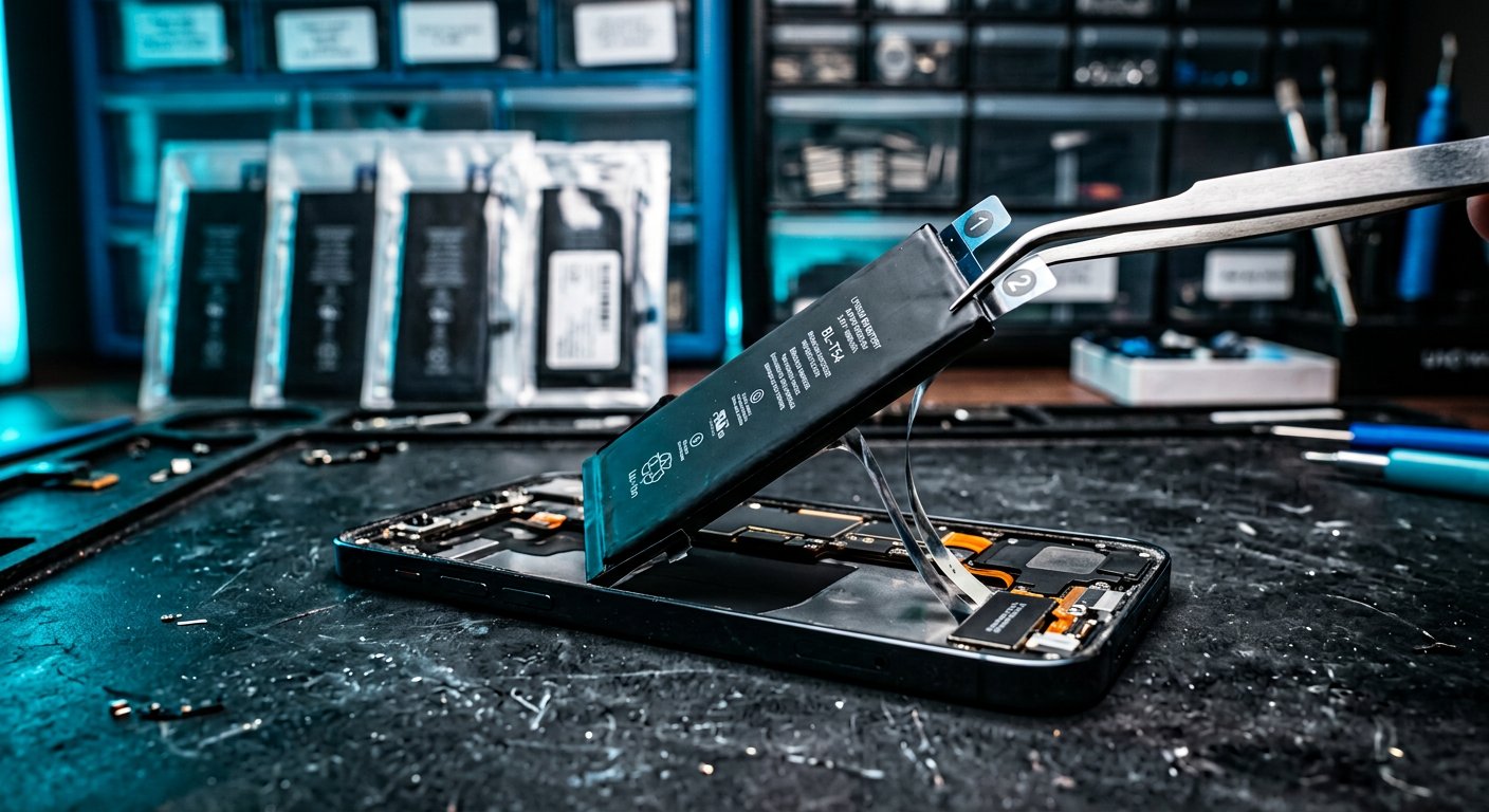 A new smartphone battery being placed into an opened device with tweezers