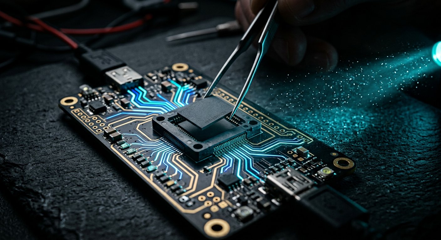 Memory chip being read on a programmer board under blue light in a dark lab