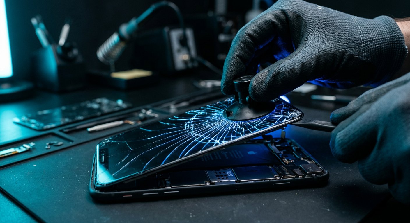 Techniker hebt ein gesprungenes Smartphone-Display mit Saugheber vom Gehäuse ab