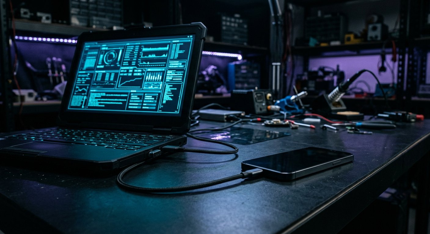 Smartphone connected to a laptop showing a blue diagnostics readout