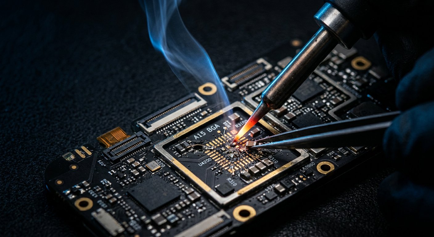Micro-soldering on a smartphone logic board under a microscope