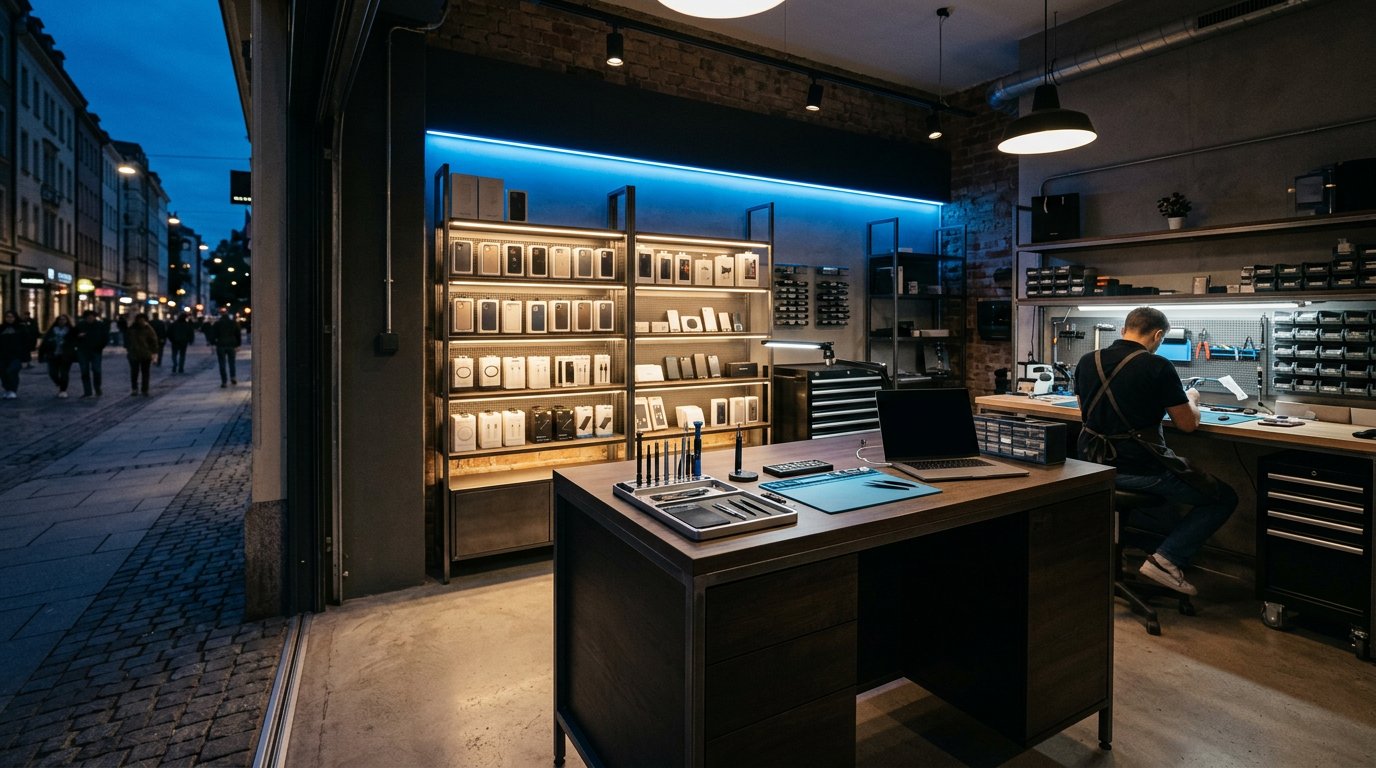 Workshop interior with a dark counter, tools and a blue light accent