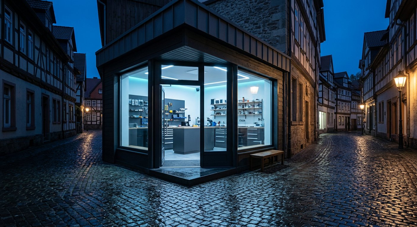 Handy Station shopfront at blue hour with a step-free entrance