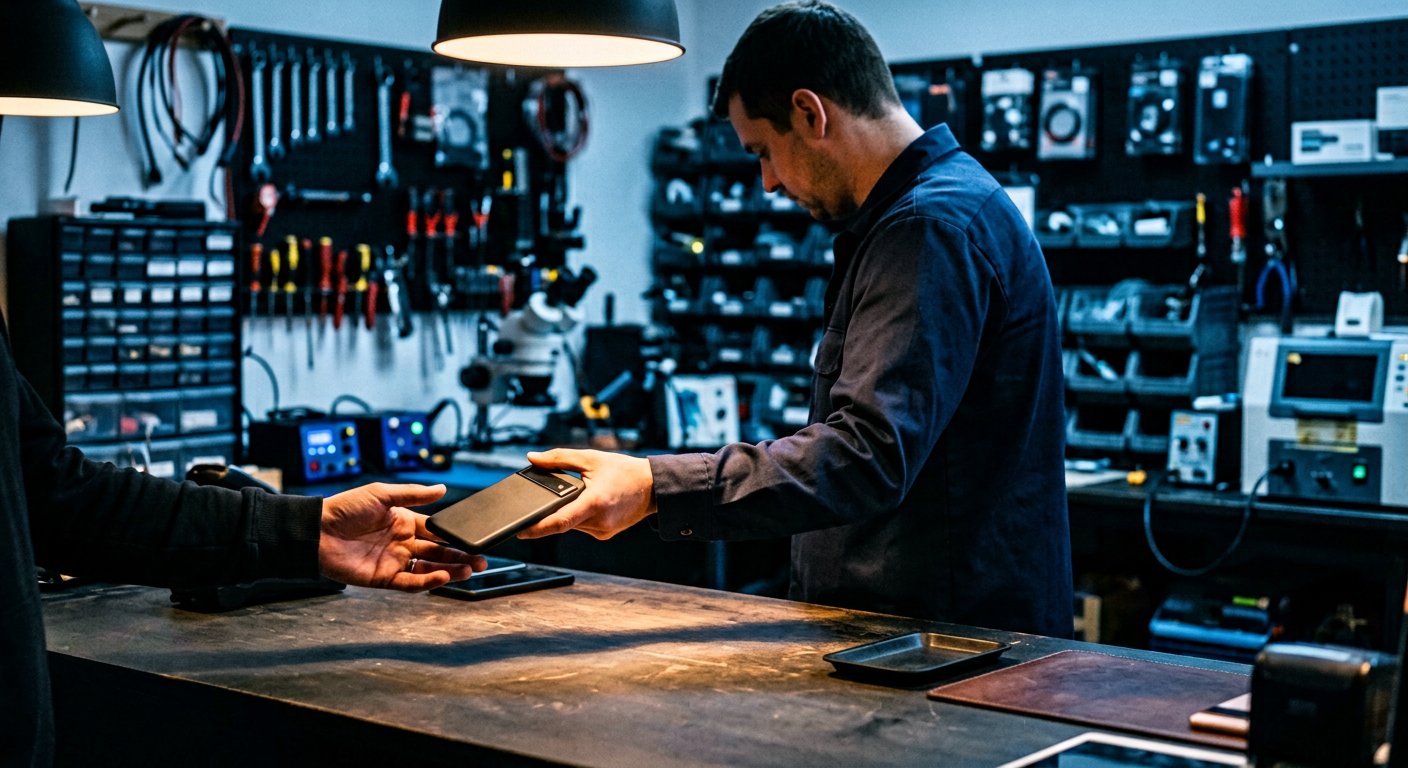 A smartphone being handed back across the workshop counter