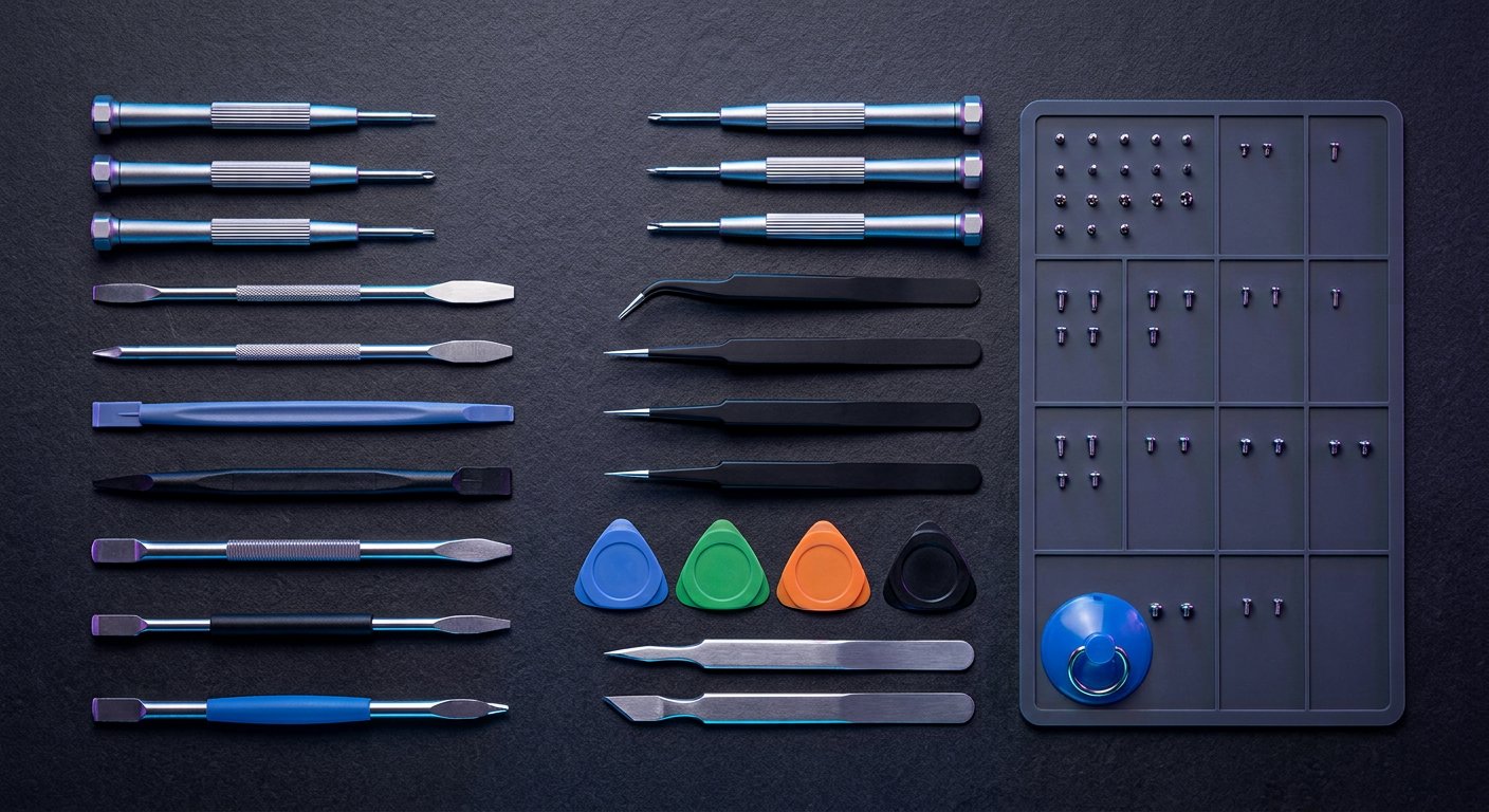 Precision tools neatly laid out in a grid